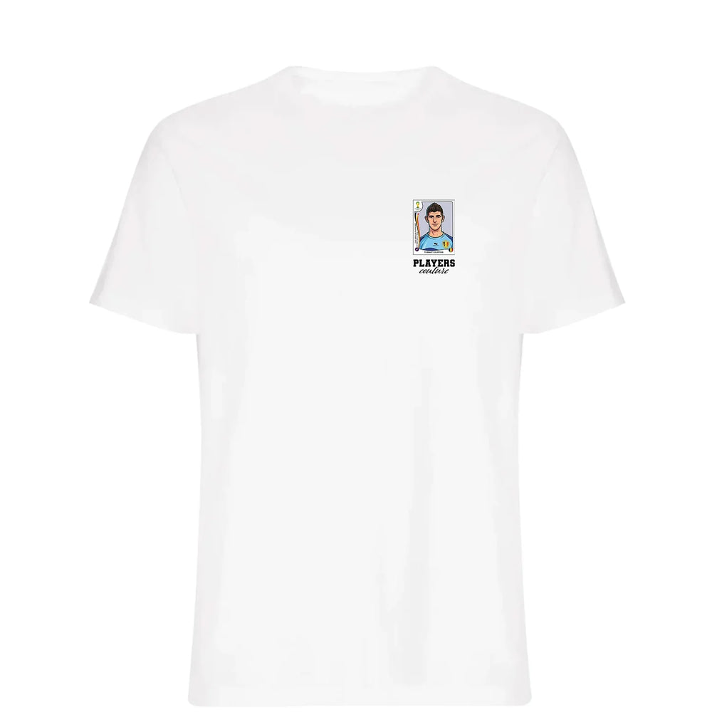 Thibaut Courtois World Cup t-shirt – white men's t-shirt featuring the Thibaut Courtois World Cup Players Couture logo