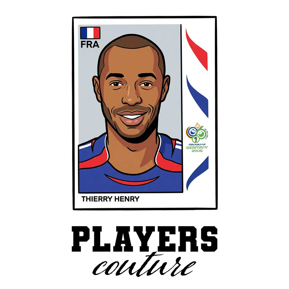 Thierry Henry 2006 World Cup Sticker Men's T-Shirt – white close-up detail shot of the Thierry Henry Players Couture logo