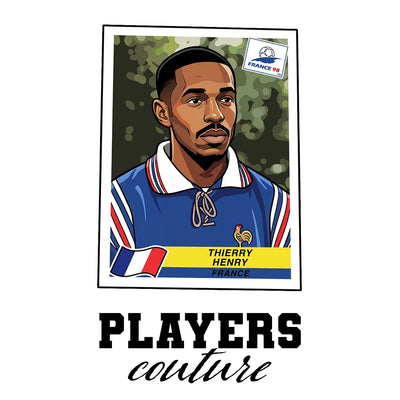 Thierry Henry 1998 World Cup Sticker Men's T-Shirt – white close-up detail shot of the Thierry Henry Players Couture logo