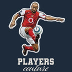 Thierry Henry Badge Men's Hoodie – navy close-up detail shot of the Thierry Henry Players Couture logo design