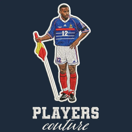 Thierry Henry France Badge Men's Hoodie – navy close-up detail shot of the Thierry Henry Players Couture logo design