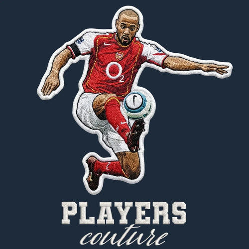 Thierry Henry Badge Men's Hoodie – navy close-up detail shot of the Thierry Henry Players Couture logo design