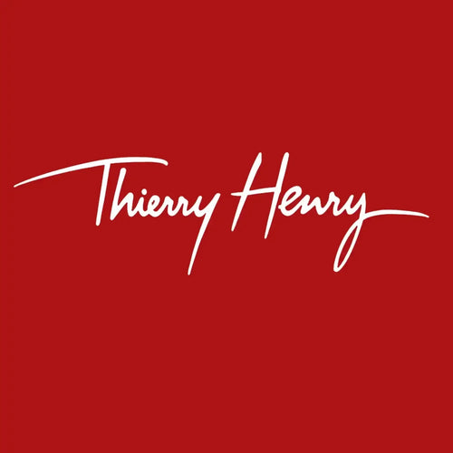 Thierry Henry Script Logo Men's T-Shirt – red close-up detail shot of the Thierry Henry Players Couture logo design