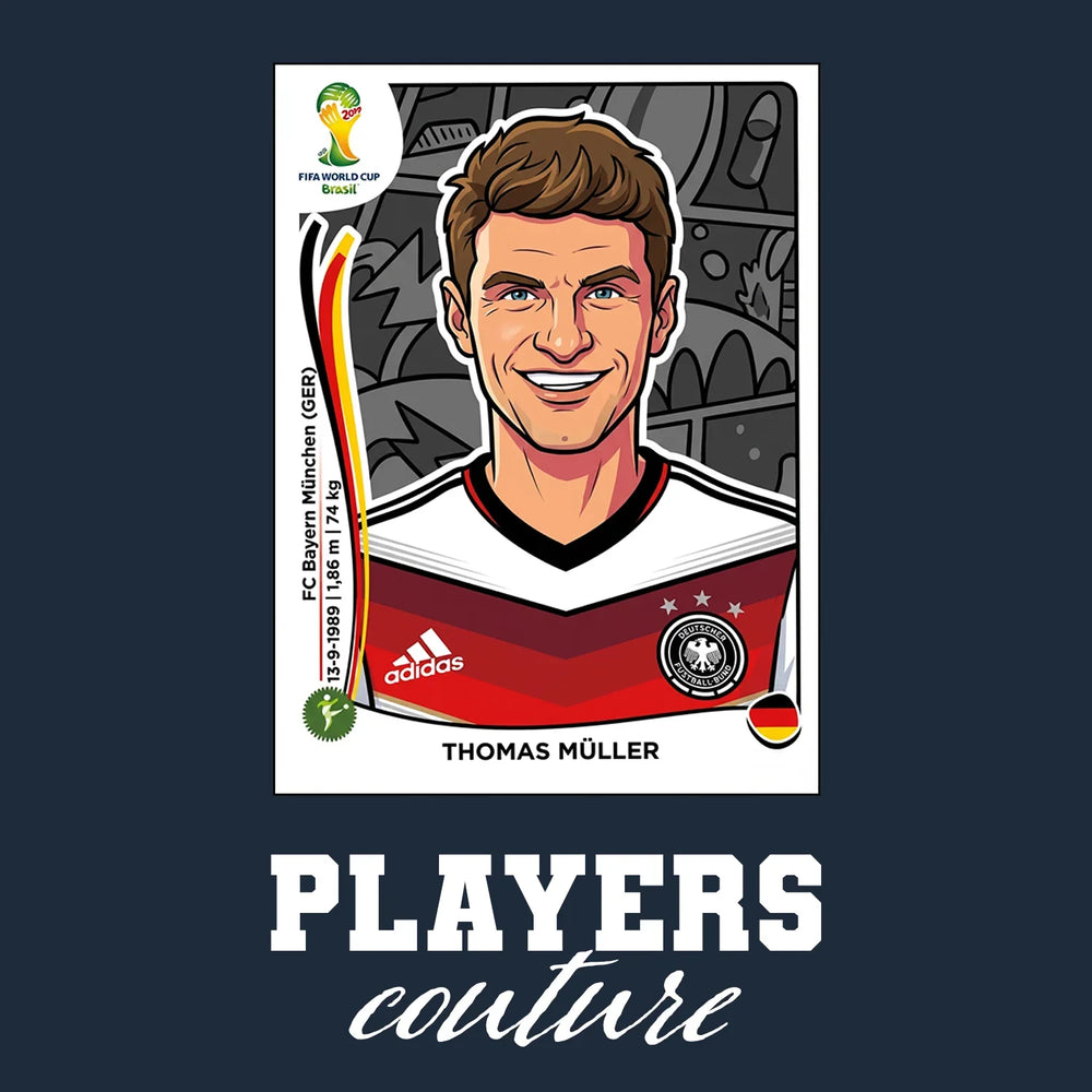 Thomas Muller World Cup Sticker Men's T-Shirt – navy close-up detail shot of the Thomas Muller World Cup Players Couture