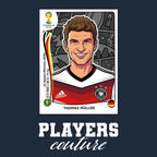 Thomas Muller World Cup Sticker Men's T-Shirt – navy close-up detail shot of the Thomas Muller World Cup Players Couture
