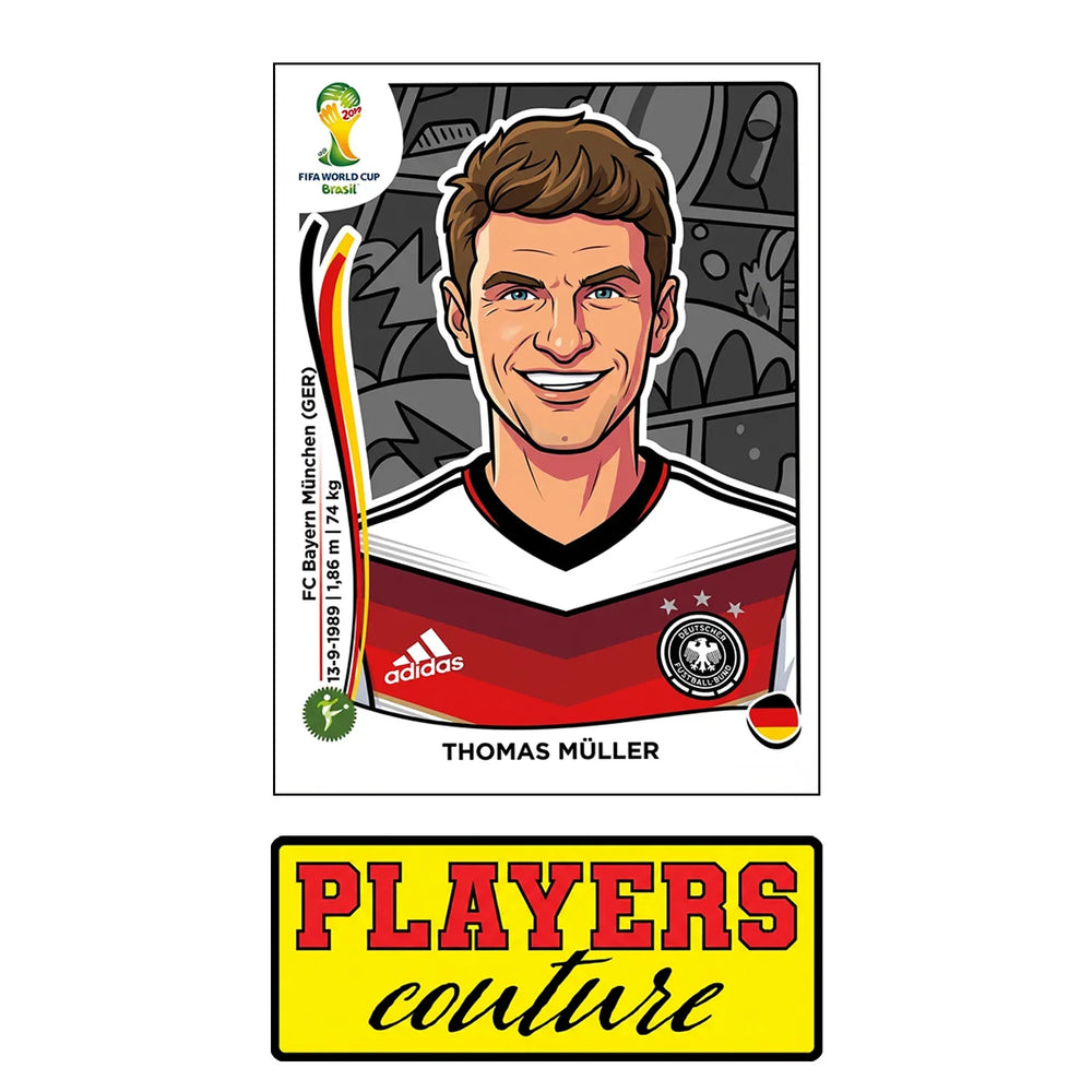 Thomas Muller World Cup Sticker Men's T-Shirt – close-up detail shot of the Thomas Muller World Cup Players Couture logo