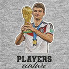 Thomas Muller Badge Men's Hoodie – grey close-up detail shot of the Thomas Muller Players Couture logo design