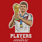 Thomas Muller Badge Men's Hoodie – red close-up detail shot of the Thomas Muller Players Couture logo design