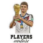 Thomas Muller Badge Men's Hoodie – white close-up detail shot of the Thomas Muller Players Couture logo design