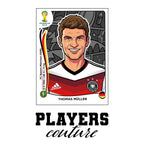 Thomas Muller World Cup Sticker Men's T-Shirt – white close-up detail shot of the Thomas Muller Players Couture logo design