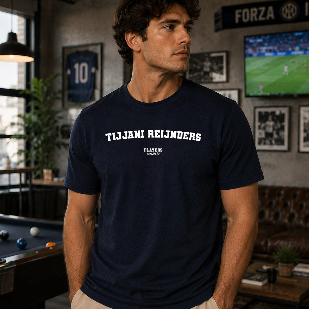 Tijjani Reijnders Men's T-Shirt — lifestyle photo, Navy t-shirt