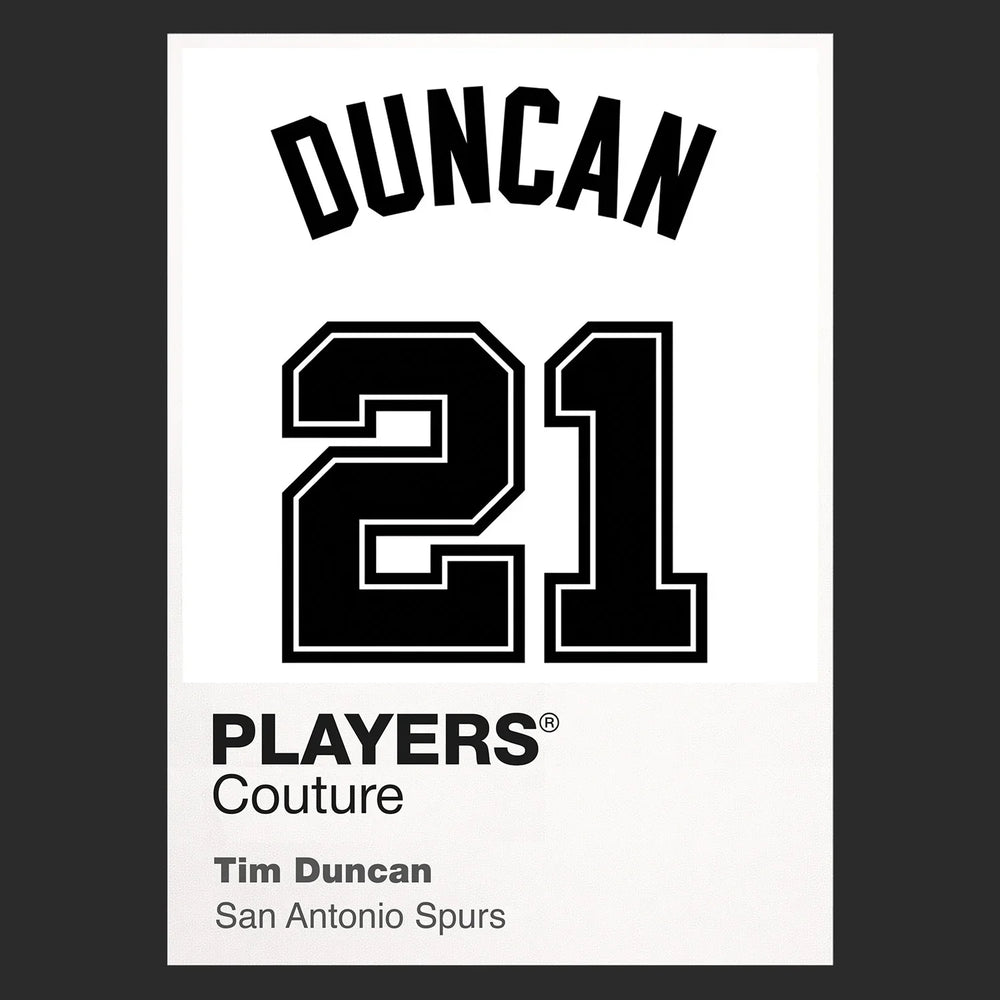 Tim Duncan 21 White Jersey Frame Men's T-Shirt – black close-up detail shot of the Tim Duncan 21 White Players Couture logo
