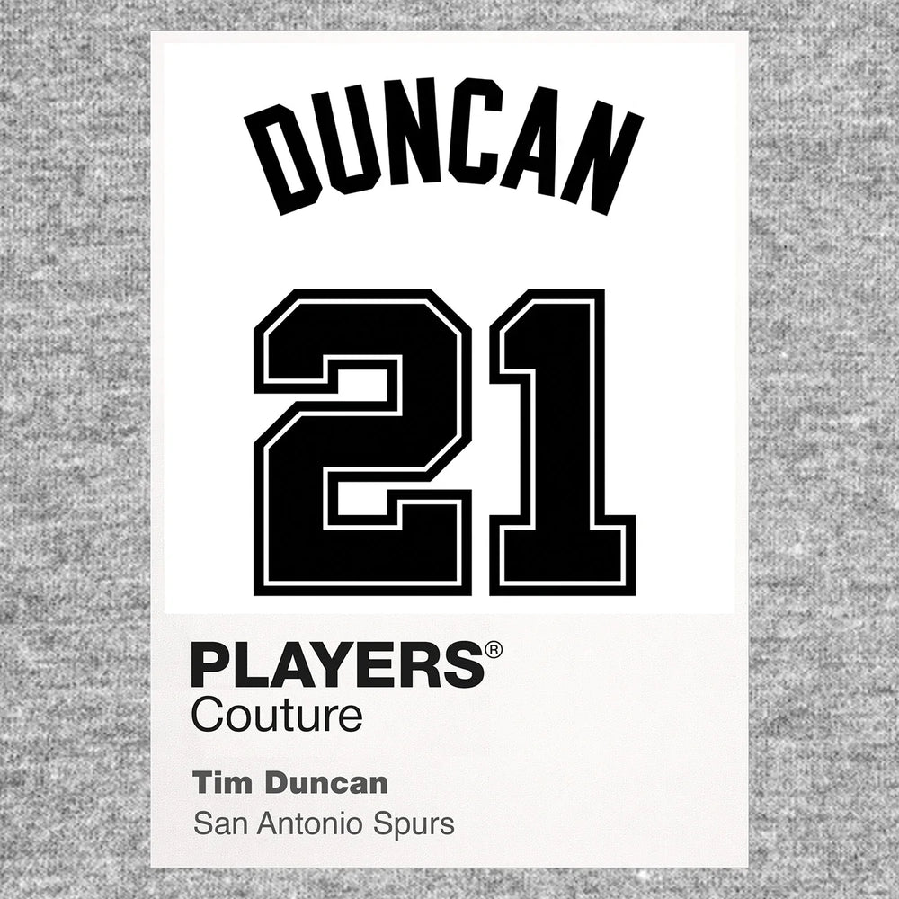 Tim Duncan 21 White Jersey Frame Men's T-Shirt – grey close-up detail shot of the Tim Duncan 21 White Players Couture logo