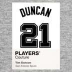 Tim Duncan 21 White Jersey Frame Men's T-Shirt – grey close-up detail shot of the Tim Duncan 21 White Players Couture logo