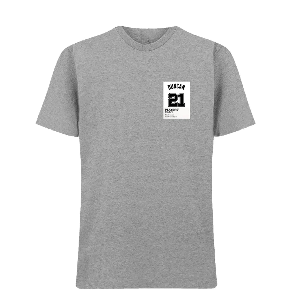 Tim Duncan 21 White t-shirt – grey men's t-shirt featuring the Tim Duncan 21 White Players Couture logo