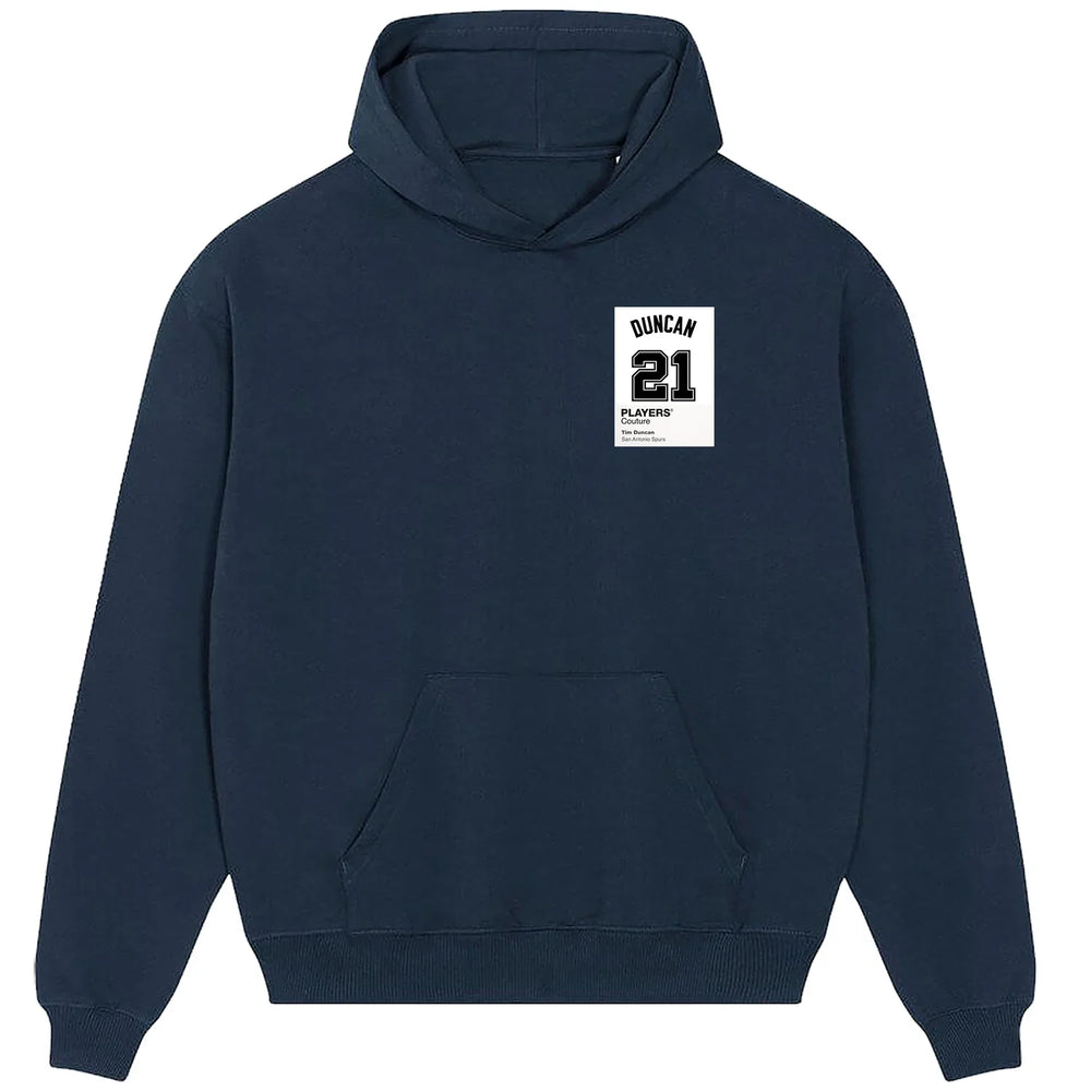 Tim Duncan 21 White hoodie – navy men's hoodie featuring the Tim Duncan 21 White Players Couture logo
