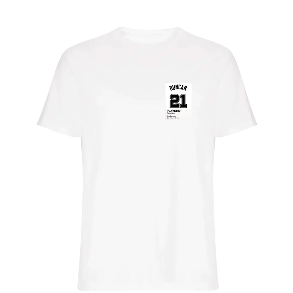 Tim Duncan 21 White t-shirt – white men's t-shirt featuring the Tim Duncan 21 White Players Couture logo