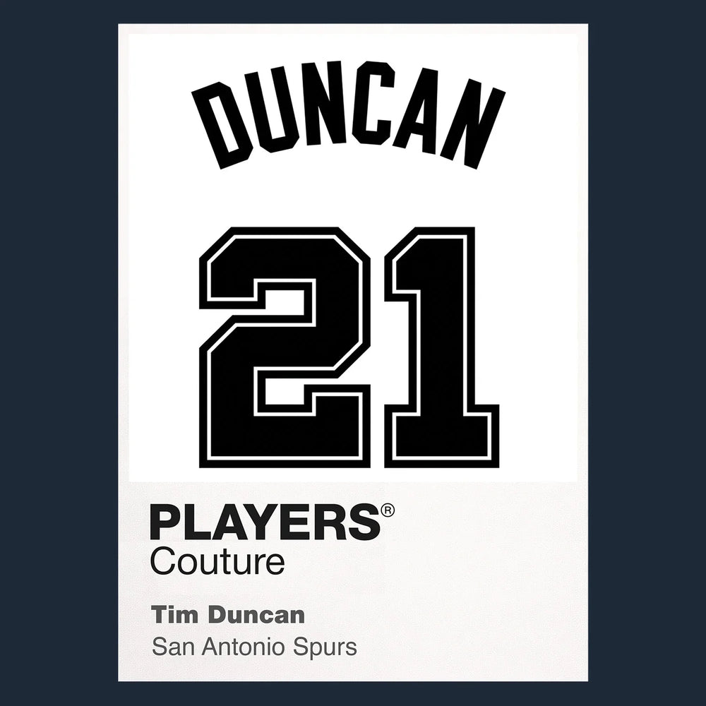 Tim Duncan 21 White Jersey Frame Men's T-Shirt – navy close-up detail shot of the Tim Duncan 21 White Players Couture logo