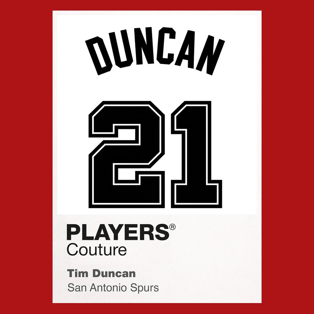 Tim Duncan 21 White Jersey Frame Men's T-Shirt – red close-up detail shot of the Tim Duncan 21 White Players Couture logo