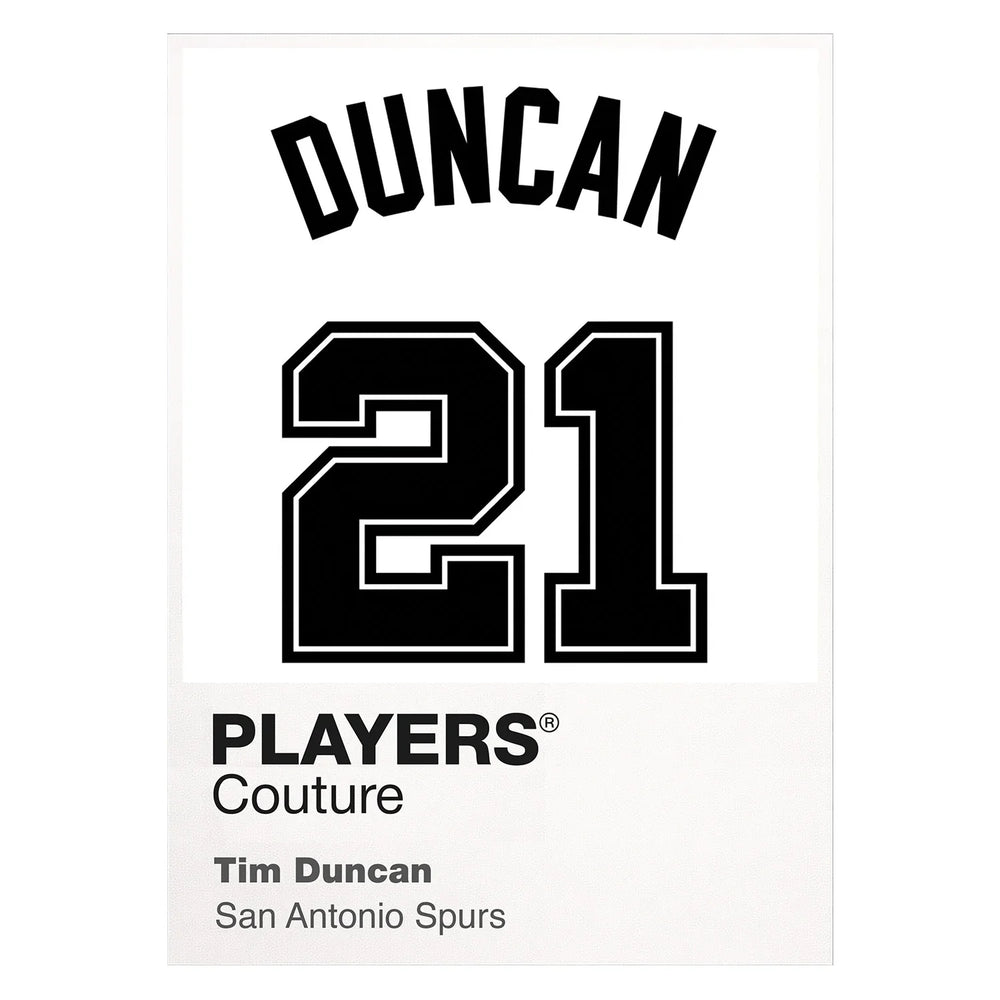 Tim Duncan 21 White Jersey Frame Men's T-Shirt – white close-up detail shot of the Tim Duncan Players Couture logo design