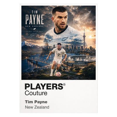 Soccer player Tim Payne with New Zealand's national emblem on a scenic background, featuring 'Players Couture' branding.