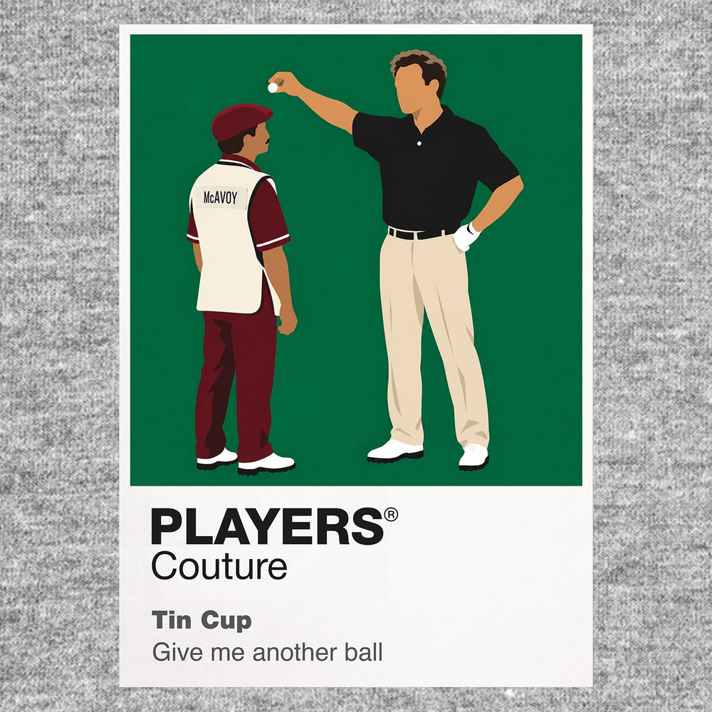 Tin Cup Roy McAvoy addressing the ball with stubborn confidence at his dusty Texas driving range Icon Frame artwork in grey