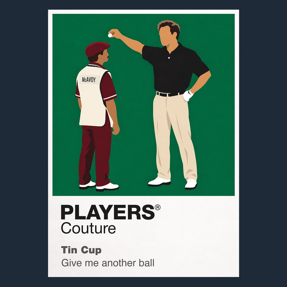 Tin Cup Roy McAvoy addressing the ball with stubborn confidence at his dusty Texas driving range Icon Frame artwork in navy