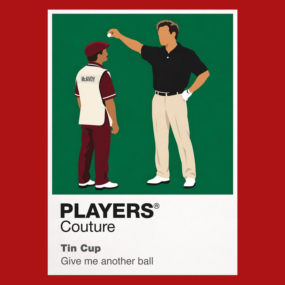 Tin Cup Roy McAvoy addressing the ball with stubborn confidence at his dusty Texas driving range Icon Frame artwork in red