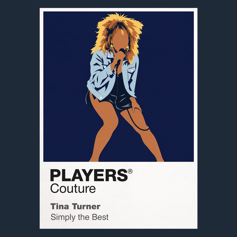 Tina Turner Tina Turner's unmistakable hair, heels and forward-driving solo stage stance Icon Frame artwork in navy