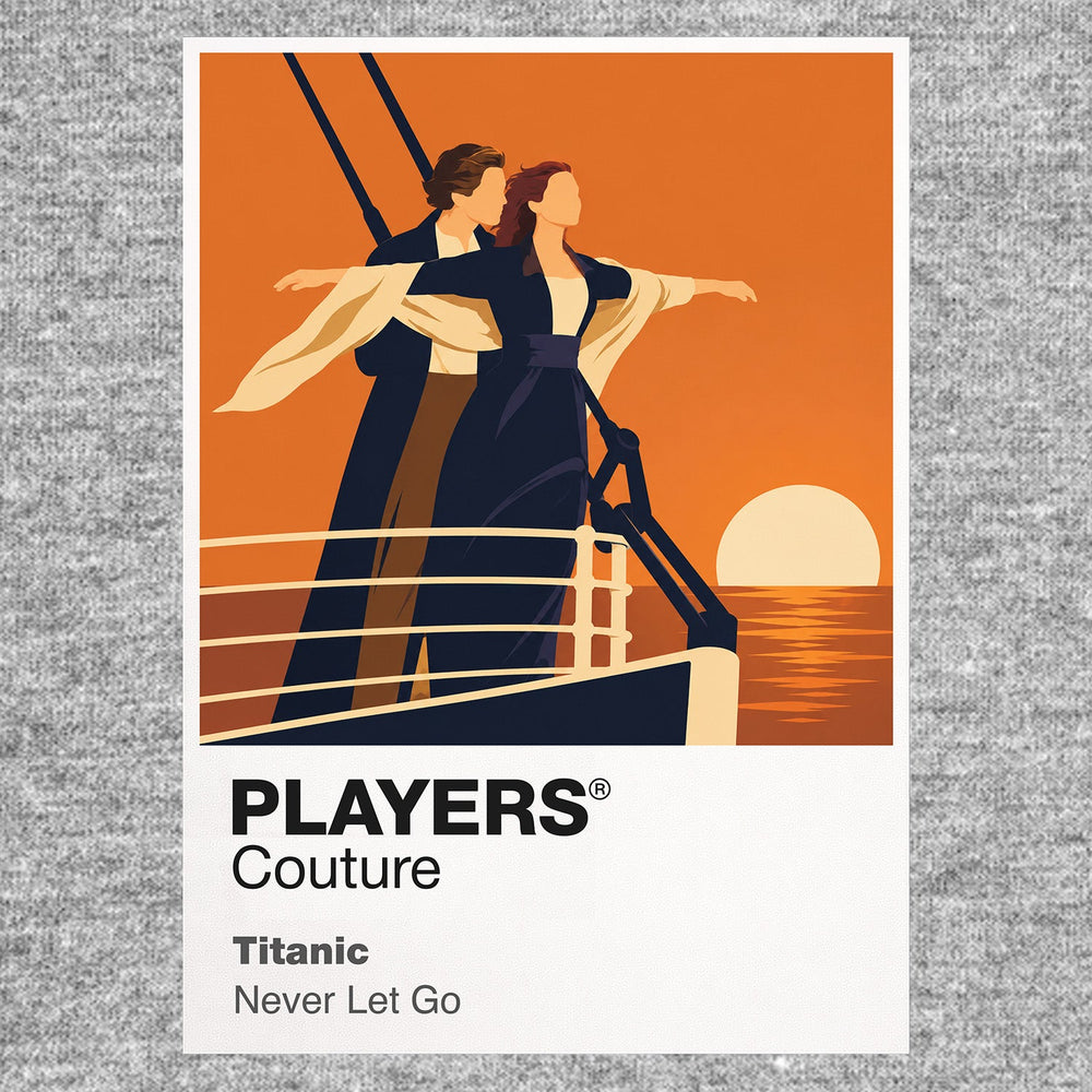 Titanic Jack and Rose at the bow of the RMS Titanic against deep Atlantic blue Icon Frame artwork in grey
