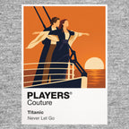 Titanic Jack and Rose at the bow of the RMS Titanic against deep Atlantic blue Icon Frame artwork in grey
