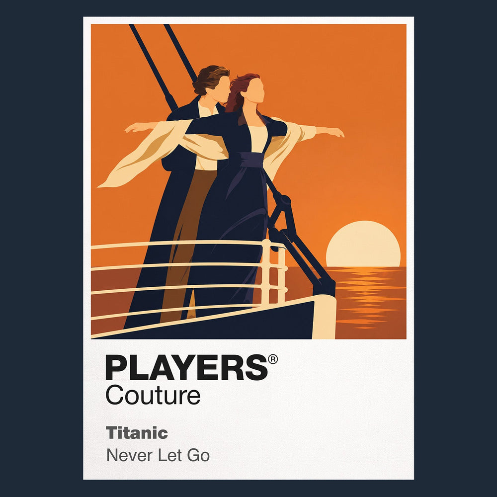 Titanic Jack and Rose at the bow of the RMS Titanic against deep Atlantic blue Icon Frame artwork in navy