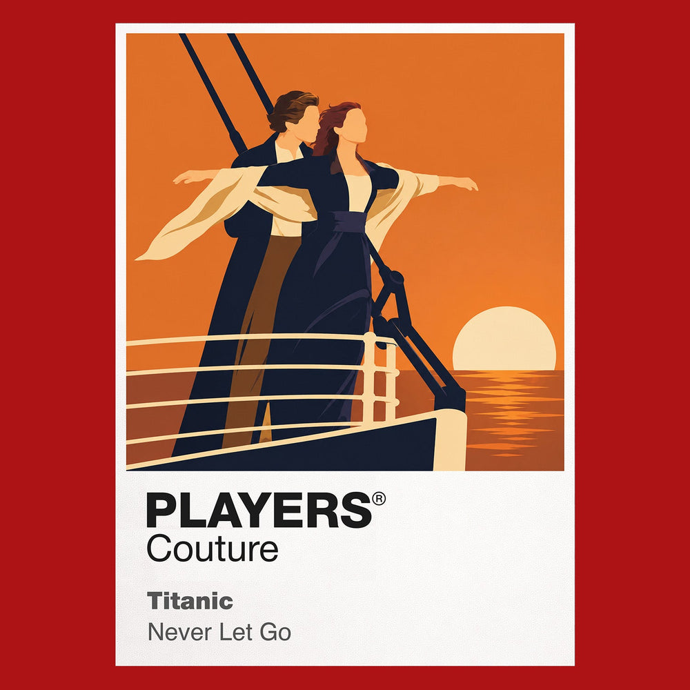 Titanic Jack and Rose at the bow of the RMS Titanic against deep Atlantic blue Icon Frame artwork in red