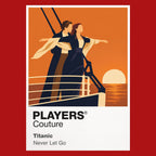 Titanic Jack and Rose at the bow of the RMS Titanic against deep Atlantic blue Icon Frame artwork in red