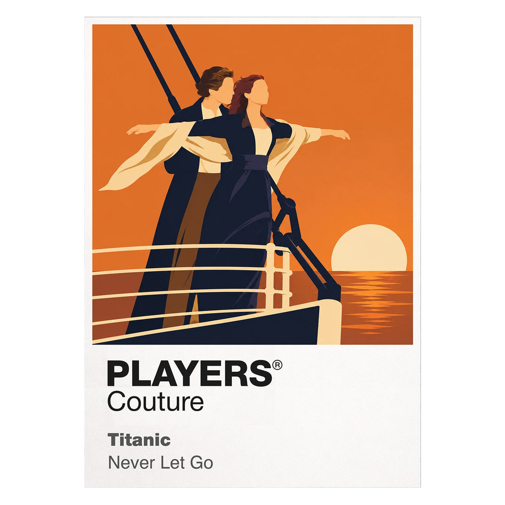 Titanic Jack and Rose at the bow of the RMS Titanic against deep Atlantic blue Icon Frame artwork on white