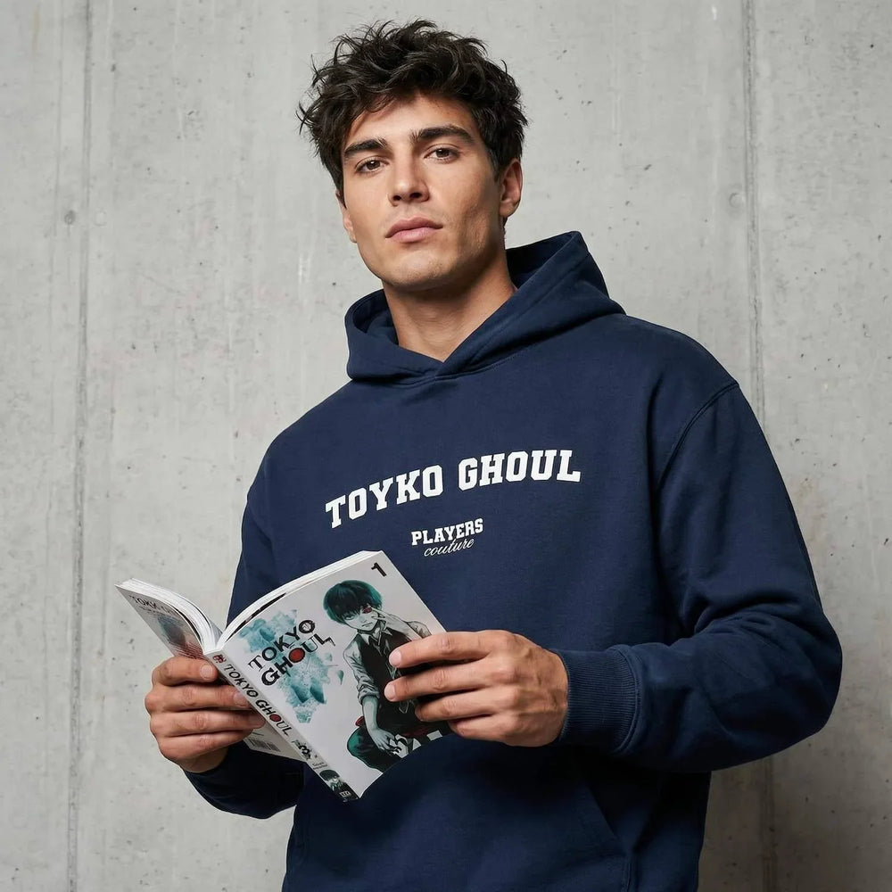 Toyko Ghoul hoodie – navy men's hoodie with white Toyko Ghoul letters and Players Couture logo on the chest