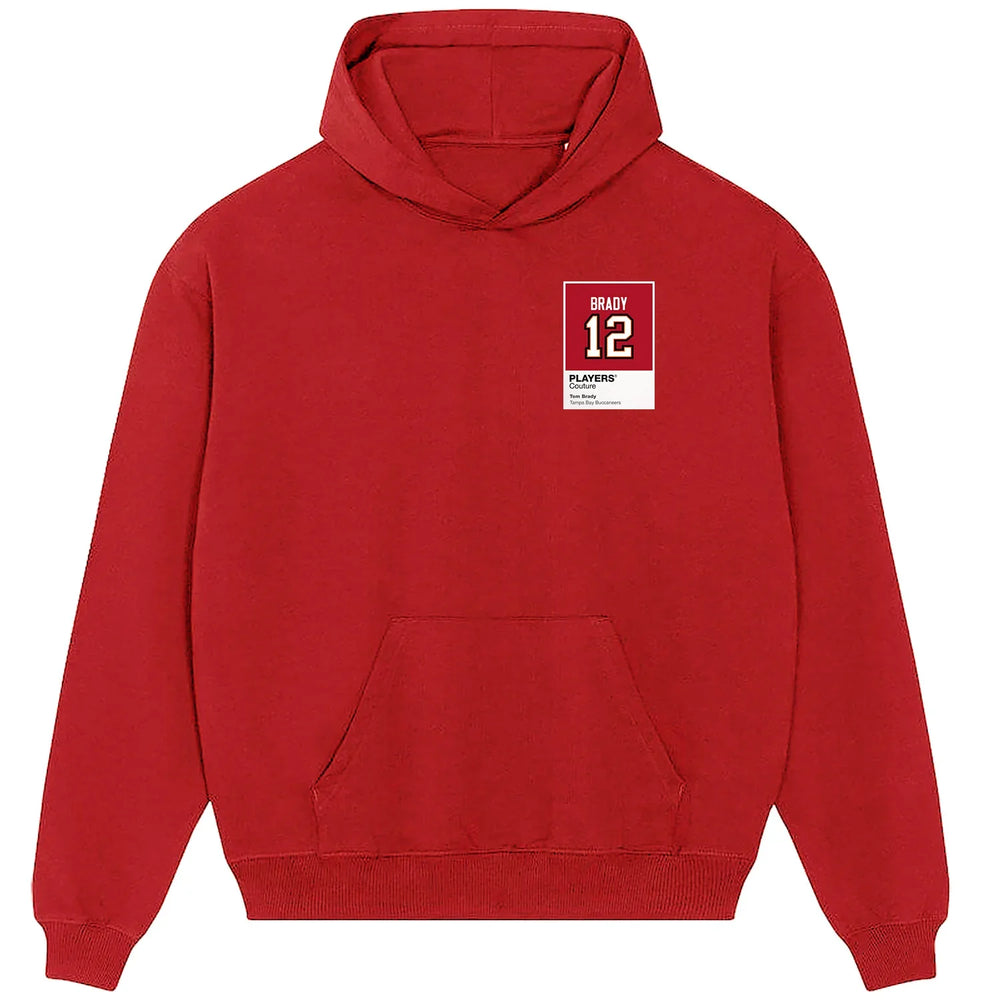 Tom Brady 12 Tampa Bay hoodie – red men's hoodie featuring the Tom Brady 12 Tampa Bay Players Couture logo