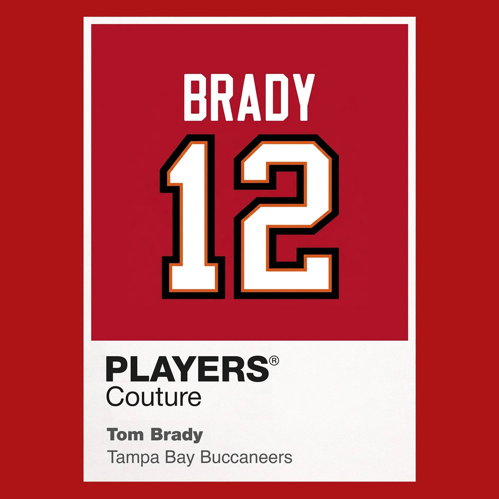 Tom Brady 12 Tampa Jersey Frame Men's T-Shirt – red close-up detail shot of the Tom Brady 12 Tampa Players Couture logo