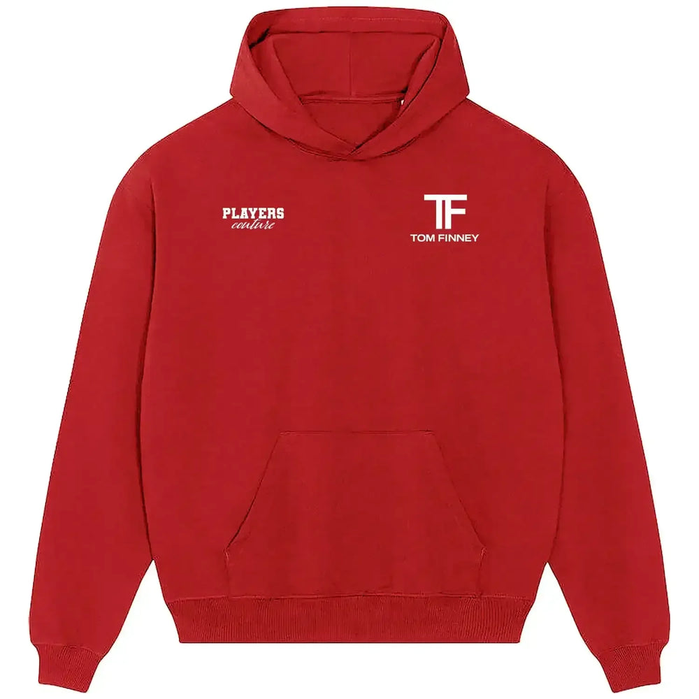 Tom Finney hoodie – red men's hoodie featuring the Tom Finney Players Couture logo