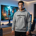 Tomb Raider hoodie – navy men's hoodie with white Tomb Raider letters and Players Couture logo on the chest