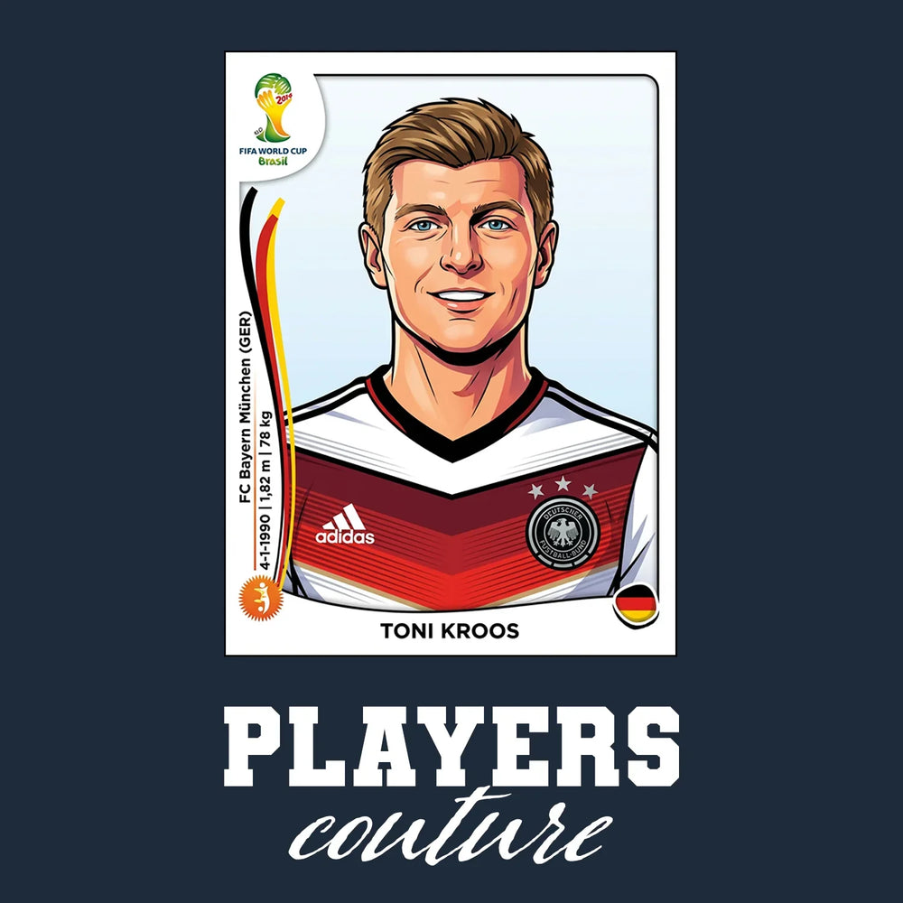 Toni Kroos World Cup Sticker Men's T-Shirt – navy close-up detail shot of the Toni Kroos World Cup Players Couture logo