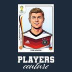 Toni Kroos World Cup Sticker Men's T-Shirt – navy close-up detail shot of the Toni Kroos World Cup Players Couture logo