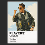 Top Gun Maverick in flight jacket and aviator sunglasses beside an F-14 on the carrier deck Icon Frame artwork in black