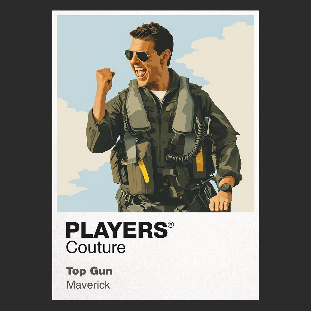 Top Gun Maverick in flight jacket and aviator sunglasses beside an F-14 on the carrier deck Icon Frame artwork in black