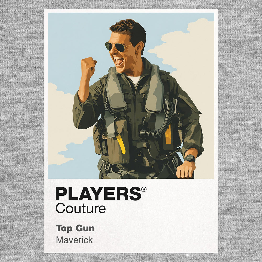 Top Gun Maverick in flight jacket and aviator sunglasses beside an F-14 on the carrier deck Icon Frame artwork in grey