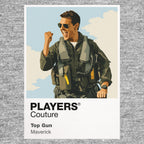 Top Gun Maverick in flight jacket and aviator sunglasses beside an F-14 on the carrier deck Icon Frame artwork in grey