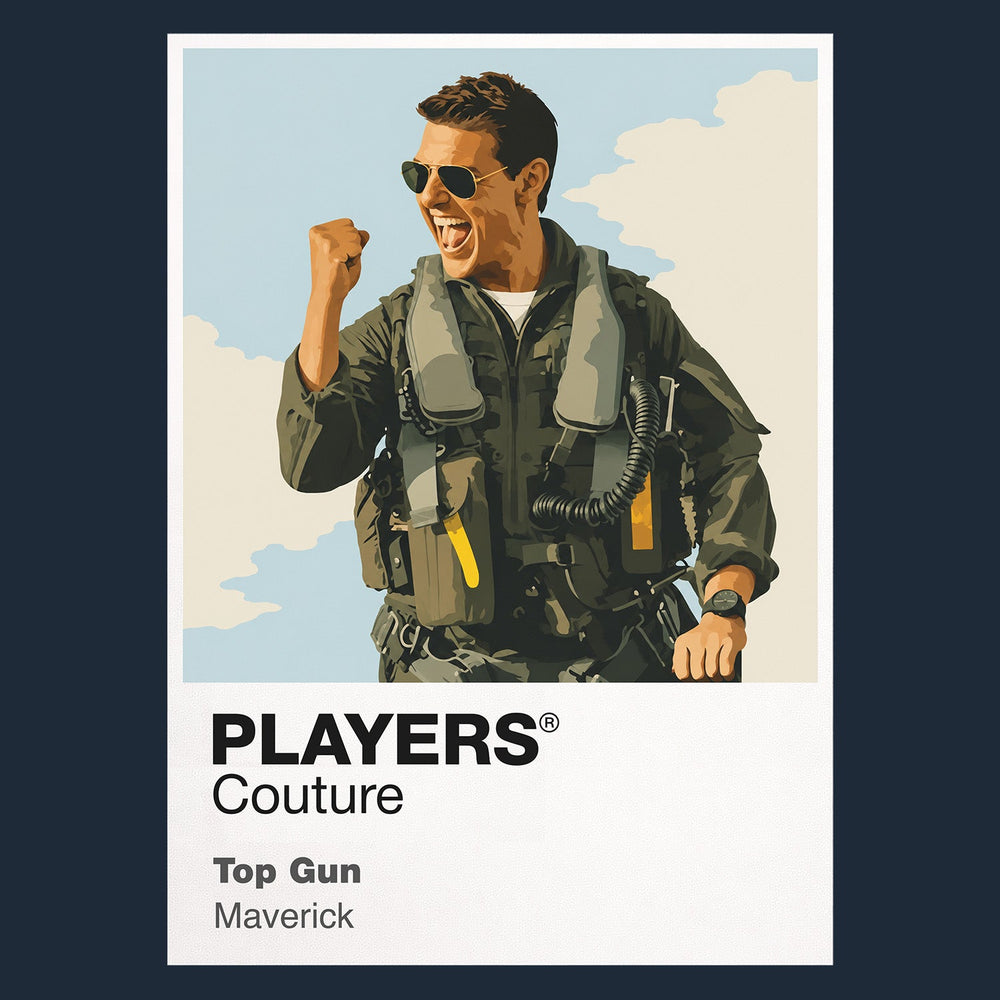 Top Gun Maverick in flight jacket and aviator sunglasses beside an F-14 on the carrier deck Icon Frame artwork in navy