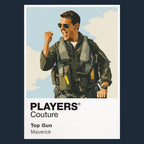 Top Gun Maverick in flight jacket and aviator sunglasses beside an F-14 on the carrier deck Icon Frame artwork in navy