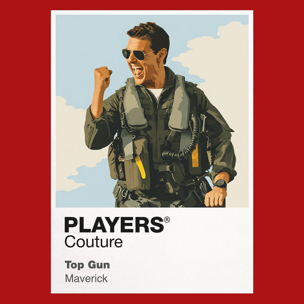 Top Gun Maverick in flight jacket and aviator sunglasses beside an F-14 on the carrier deck Icon Frame artwork in red