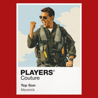 Top Gun Maverick in flight jacket and aviator sunglasses beside an F-14 on the carrier deck Icon Frame artwork in red